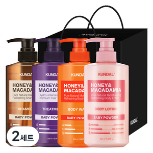 쿤달 샴푸 500ml + 트리트먼트 500ml + 바디워시 500ml + 바디로션 500ml 4구 선물세트 C 베이비파우더 + 쇼핑백 블랙, 2세트