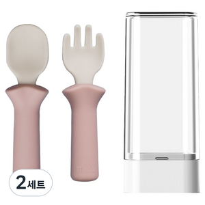 모두아이 유아용 모두얌 스푼 + 포크 + 케이스 세트, 소프트 핑크, 2세트