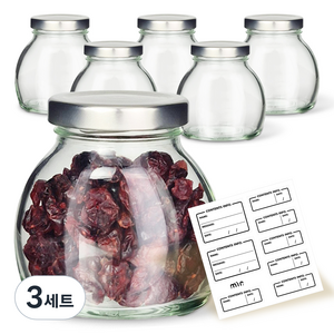 미르코리아 유리병 밀폐용기 타원병 150 실버 x 6p + 네이밍 스티커 x 8p 세트, 3세트, 140ml