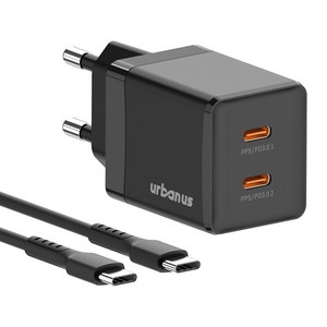 어반어스 GaN 45W 미니 C타입 2포트 PD PPS 초고속 충전기 60W C to C 케이블 1.5m, 블랙, 1개