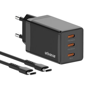 어반어스 GaN 67W 미니 C타입 3포트 PD PPS 초고속 충전기 65W C TO C 케이블 1.5m, 블랙, 1개
