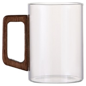 유리 우드 손잡이 내열 머그컵 400ml, 투명, 1개