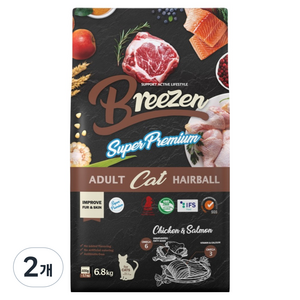 브리젠 슈퍼프리미엄 어덜트 캣 헤어볼 건식사료, 닭+연어, 6.8kg, 2개