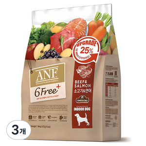 ANF 전연령 식스프리 플러스 인도어 독 건식사료, 소+연어, 1.6kg, 3개