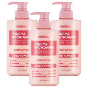 쿤달 허니 앤드 마카다미아 퓨어 바디로션 베이비파우더, 500ml, 3개