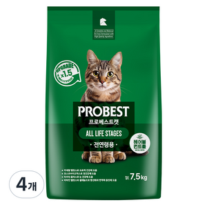 프로베스트 고양이 그린 전연령 기능성 사료, 헤어볼+장건강, 7.5kg, 4개