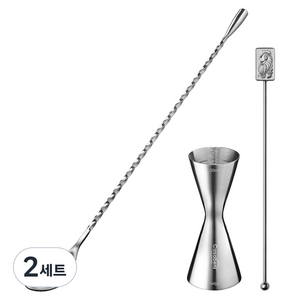 까사베니 홈텐딩 칵테일 하이볼 올스텐 계량지거 30ml / 45ml + 바스푼 30cm + 머들러 실버 사각 세트, 2세트