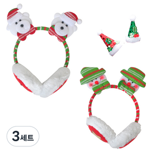 파티쇼 고급 크리스마스 머리띠 귀마개 2종 + 산타 고깔 머리핀 2종 세트, 머리띠 귀마개(곰돌이, 눈사람), 머리핀(그린, 레드), 3세트