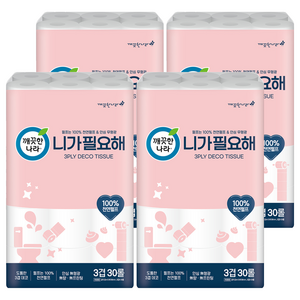 깨끗한나라 니가 필요해 천연펄프 3겹 롤화장지, 22m, 30롤, 4개