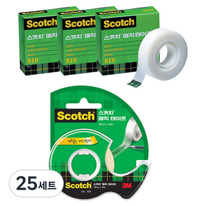 스카치 매직 셀로판 테이프 리필 18mm x 15m 3p + 디스펜서 122 18mm x 16m, 혼합색상, 25세트