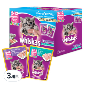 위스카스 주니어 고양이 믹스드 버라이어티팩 주식파우치 참치 6p + 고등어 6p, 참치+고등어, 80g, 36개 골드박스 특가