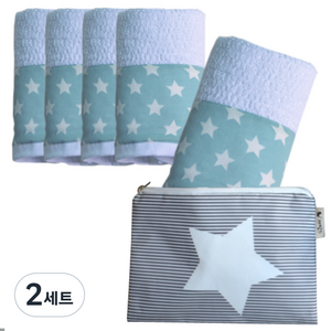 어린이집 수건 5p + 파우치 세트, 이중거즈 블루별, 2세트