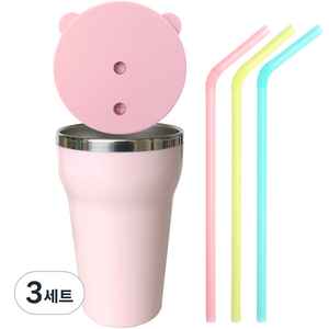 데일리키즈 실리콘뚜껑 + 스텐컵 + 빨대 3p 세트, 핑크, 3세트, 350ml