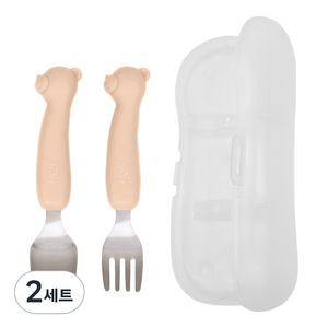 티지엠 국내 제조 실리콘 스테인리스 스푼포크 세트 곰돌이, 샌드베이지, 2세트