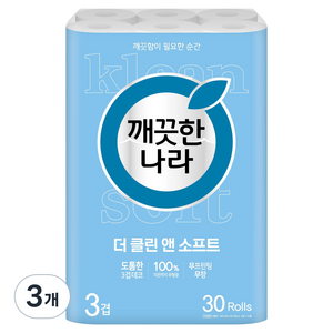 깨끗한나라 3겹 더 클린 앤 소프트 화장지, 30m, 30롤, 3개
