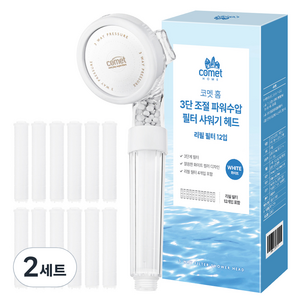 코멧 홈 3단 조절 파워수압 필터 샤워기 헤드 + 리필 12p 세트, 화이트, 2세트
