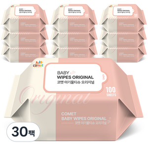 코멧 오리지널 유아용 아기물티슈 리필형, 30팩, 100매, 50g