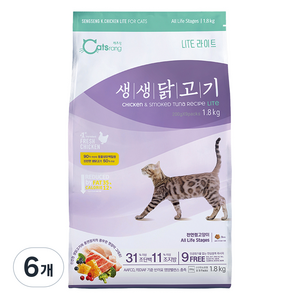 캐츠랑 고양이 생생닭고기 기능성 사료, 헤어볼, 1.8kg, 6개