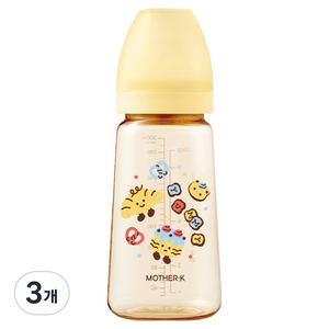 마더케이 베이직 PPSU 베이커리 프렌즈 무꼭지 젖병, 옐로우, 280ml, 3개