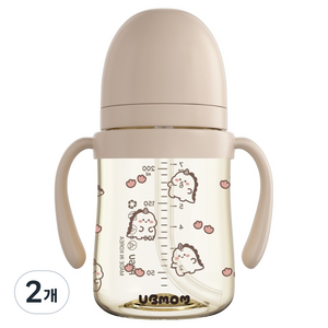 유비맘 유아용 국내 제조 공룡 디자인 PPSU 역류 물샘방지 빨대컵, 200ml, 2개, 브라운(초코)