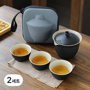 휴대용 다도 세트, 2세트, 주전자 + 잔 3p + 보관파우치, 블랙(다도)