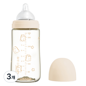 유비맘 시그니처 PPSU 배앓이방지 젖병 + 젖꼭지 세트, 베이지, 280ml, 3개