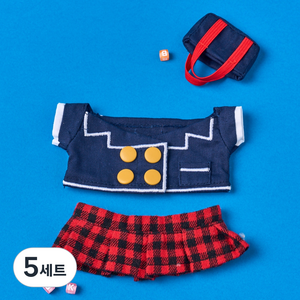 버터 빨간 체크 교복 상의 + 치마 인형옷 세트, 네이비, 5세트
