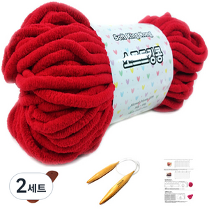 행복뜨기 소프트킹콩 털실 뜨개실 +바늘 20mm + 라벨 + 모자도안 세트, 2세트, 654 빨강