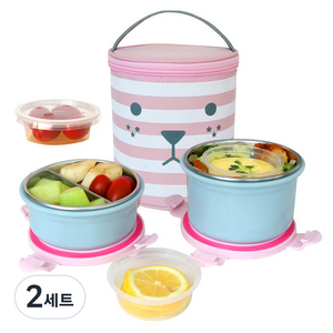 롤리몬 이중 스텐 원형도시락 + 소스통 세트, 핑크, 2세트