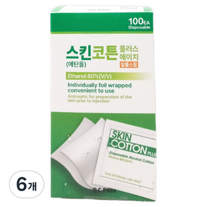 퍼슨 스킨코튼 플러스 에이치 에탄올 알콜스왑, 100개입, 6개