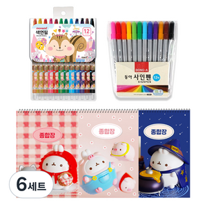몰랑이 두툼 종합장 랜덤발송 3p + 모나미 모니주 12색 색연필 랜덤발송 + 동아 12색 사인펜, 혼합색상, 6세트