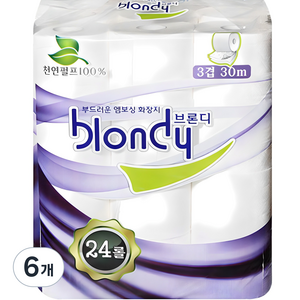 브론디 3겹 물에 녹는 고급 천연펄프 롤 화장지, 30m, 24개입, 6개