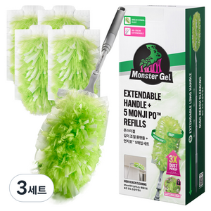 몬스터겔 360도 초강력 먼지흡착 먼지털이 길이조절 롱핸들 + 캐치앤락 먼지포 리필 5p 세트, 그린, 3세트
