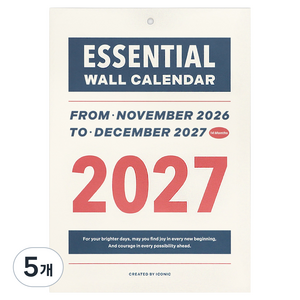 아이코닉 2027 에센셜 벽걸이 월 캘린더 A4, 혼합색상, 5개