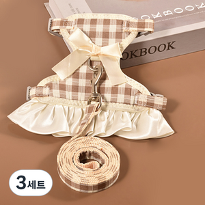 요런개 반려동물 체크체크 리본 하네스 + 리드줄, 02브라운 체크, 3세트
