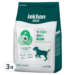 이즈칸 독 어덜트 밸런스 사료, 관절+장건강, 4kg, 3개