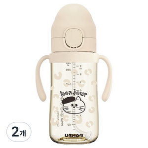 유비맘 유아 PPSU 봉주르몽 원터치 빨대컵, 280ml, 2개, 베이지