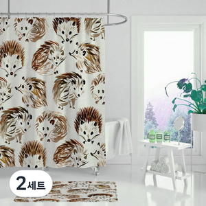 애니멀정글 샤워커튼 고슴도치 180 x 165 cm + 커튼고리 12p, 2세트