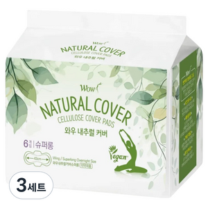 와우 내추럴 커버 생리대 날개형 슈퍼롱, 오버나이트 이상, 6개입, 3세트