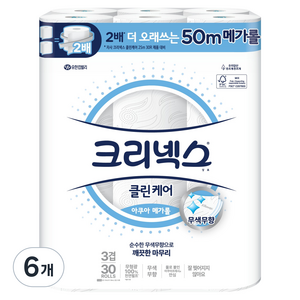 크리넥스 클린케어 아쿠아 메가롤 3겹, 50m, 30개입, 6개