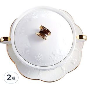 모던지 원형 세라믹 뚜껑있는 스프볼 280ml + 원형접시 15 x 15 x 2 cm 세트 YJ317, 화이트골드나비, 2개