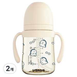 유비맘 유아용 국내 제조 공룡 디자인 PPSU 역류 물샘방지 빨대컵, 200ml, 2개, 베이지(요거트)