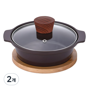 쿠킨 세라믹 인덕션 건강 뚝배기 냄비 + 나무 받침대, 16cm, 2개