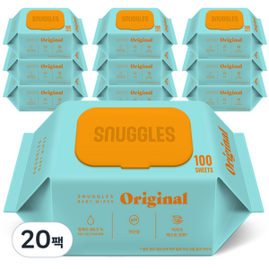 스너글스 오리지널 유아용 아기물티슈 엠보싱 캡형 피부 저자극 인증, 20팩, 100매, 50g