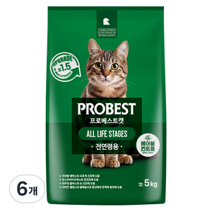 프로베스트 고양이 그린 전연령 기능성 사료, 헤어볼+장건강, 5kg, 6개