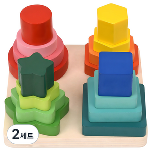 오즈토이 목제 4단 4층 모양 도형끼우기 블록 16p, 혼합색상, 2세트