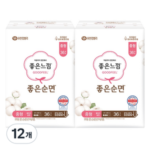 좋은느낌 좋은순면 생리대 날개형, 중형, 36개입, 12개