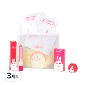 레시피박스 어린이 여행용 심플 메이크업 세트, 휴대용 파우치 + 어린이 마스크팩 2p + 립크레용 + 매니큐어 보타니컬 핑크, 3세트