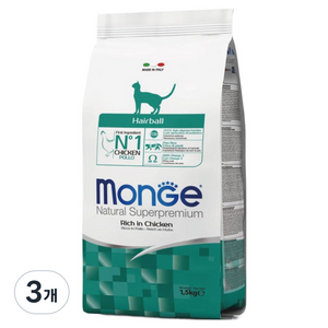 몬지 고양이 내추럴 슈퍼프리미엄 헤어볼 어덜트 치킨, 1.5kg, 3개