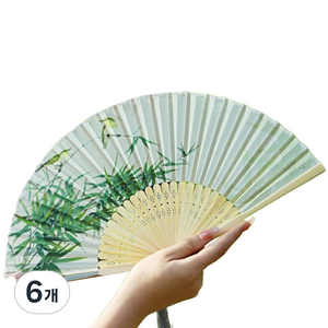 뽀르픽 시원한 전통 수묵화 대나무 선물 접이식 부채, 화이트레트로그린, 6개